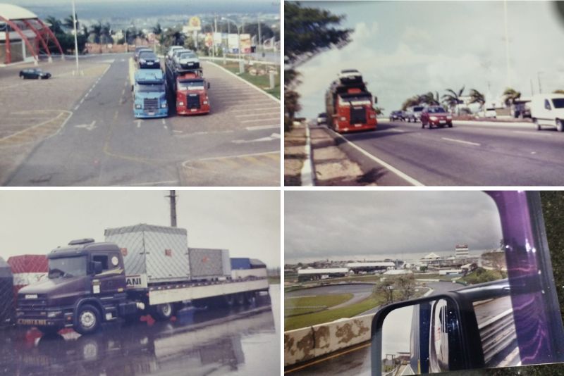 Alguns momentos históricos e marcantes da carreira, como durante o transporte dos equipamentos da Fórmula 1 de 2004 (foto do canto inferior à esq.)